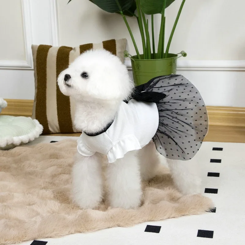 Ropa clásica de verano con nudo de lazo para perros, vestidos de algodón transpirables para niñas y gatos, velos en capas, ropa de fiesta romántica, camiseta para cachorros - imagen 3