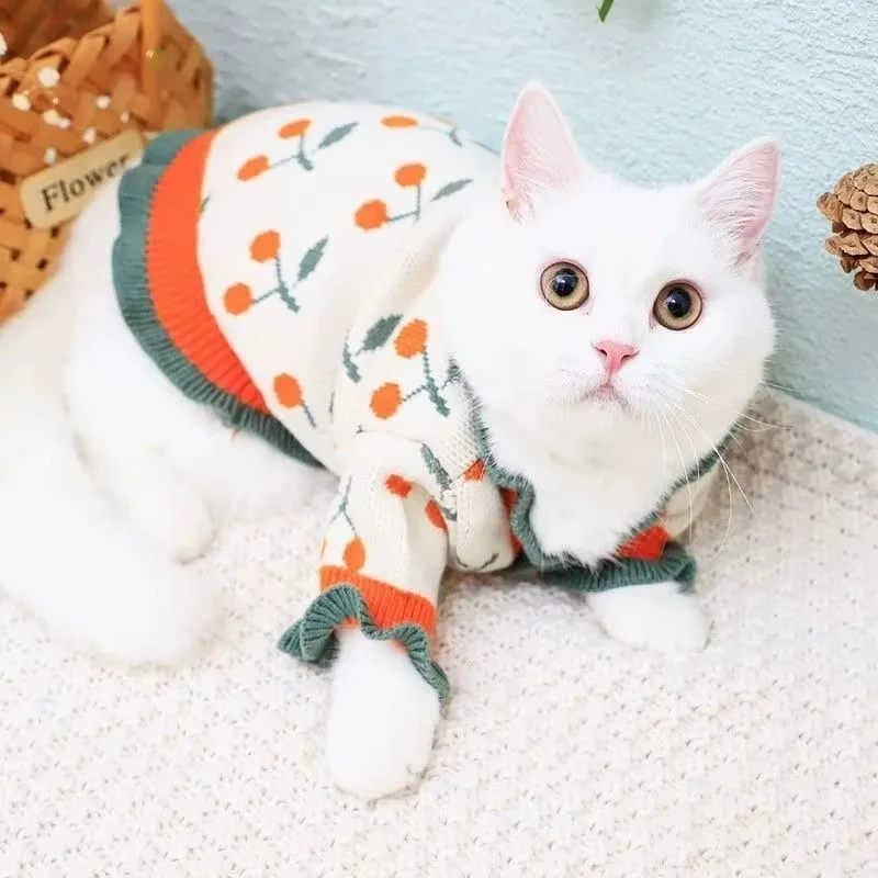 Ropa cálida de cereza para perros, suéter de Pomerania, caniche, punto de flores, Schnauzer, ropa de invierno para perros pequeños, ropa informal de dos patas - imagen 3