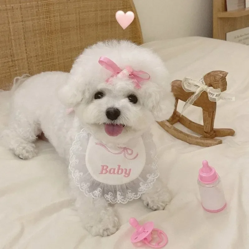 INS lindo encaje botella arco Baberos para mascotas algodón cómodo gato perro baba toalla cachorro Clip para el pelo conjunto decoraciones Collar accesorios para perros - imagen 2