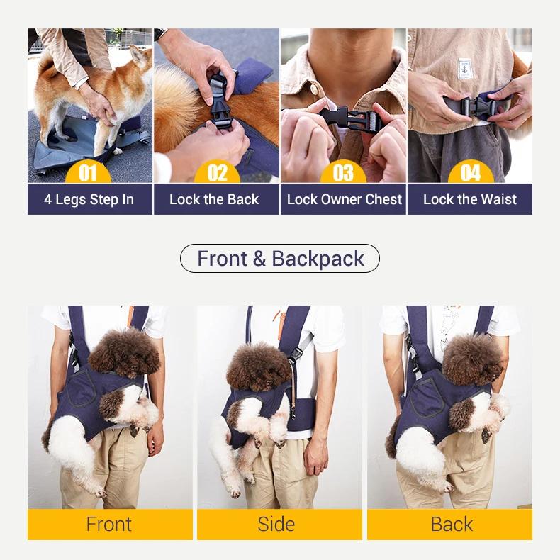 Mochila para perros, transportador de perros al aire libre para montar a caminar, paquete frontal, protección trasera y cintura, transpirable, fácil de instalar, bolsa de viaje para mascotas - imagen 4