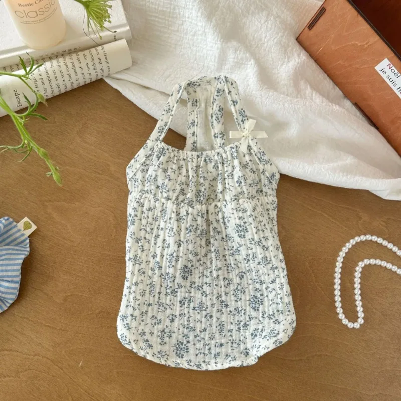 Ropa para mascotas, camisa con lazo, chaleco de flores de verano, camisola, vestido, pijamas para el hogar, camiseta para perros pequeños, falda Base, trajes para cachorros - imagen 5
