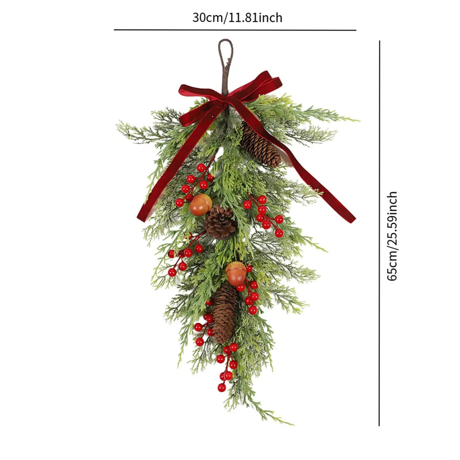 Christmas Teardrop Swag Rustic Handmade Green Leaves Door Wreath Christmas Wreath Xmas Hanging Ornament for Indoor Outdoor Fence