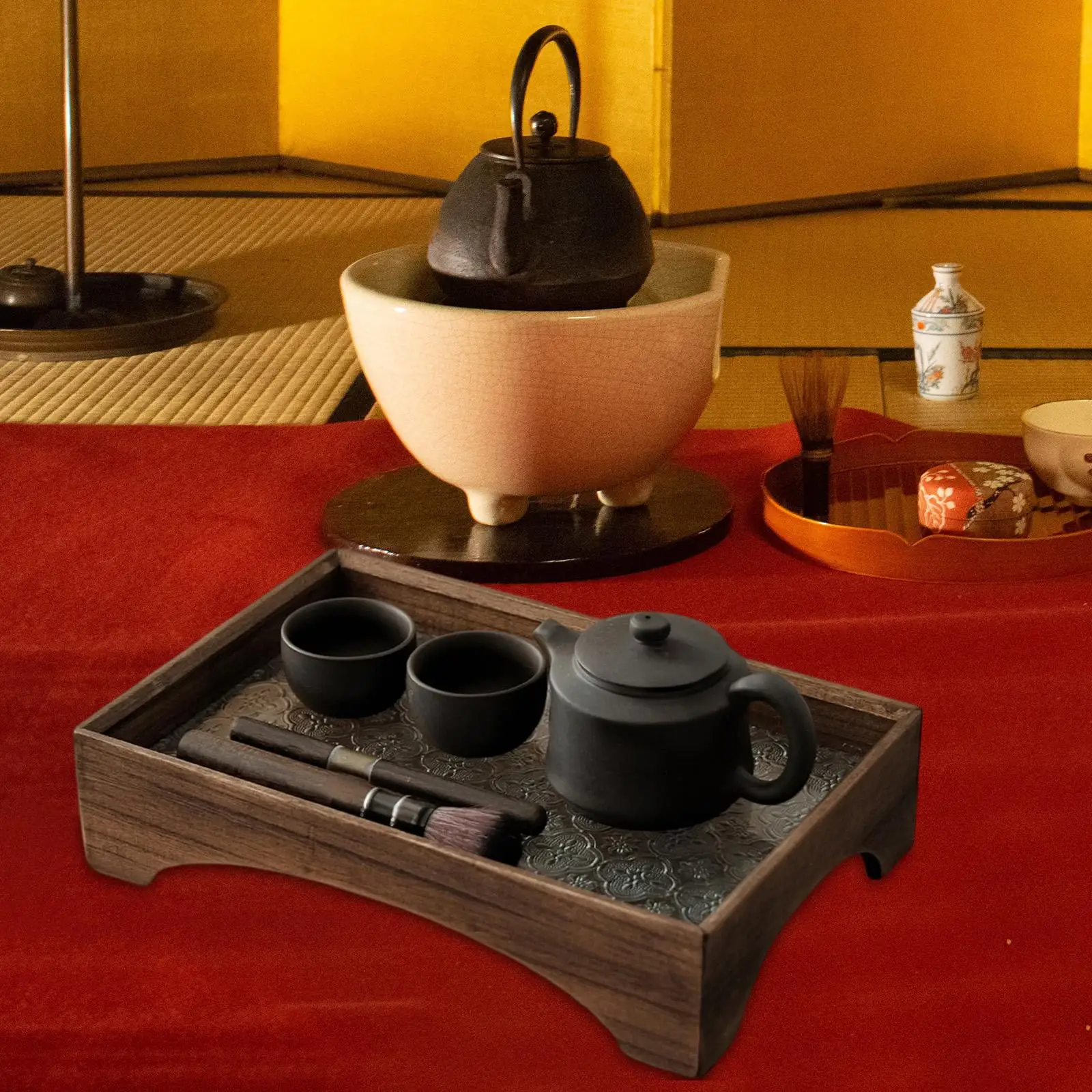 Serving Tray Wood and Embossment Glass Platter Multiuse Desk Organizer Makeup