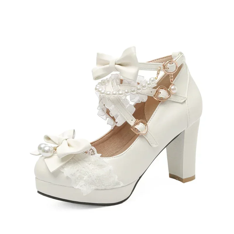 Zapatos de tacón alto con correa cruzada para mujer, zapatos de tacón Mary Jane para fiesta, boda, Cosplay, blanco, rosa, negro, lazo de fresa, Cosplay de princesa, zapatos Lolita - imagen 5
