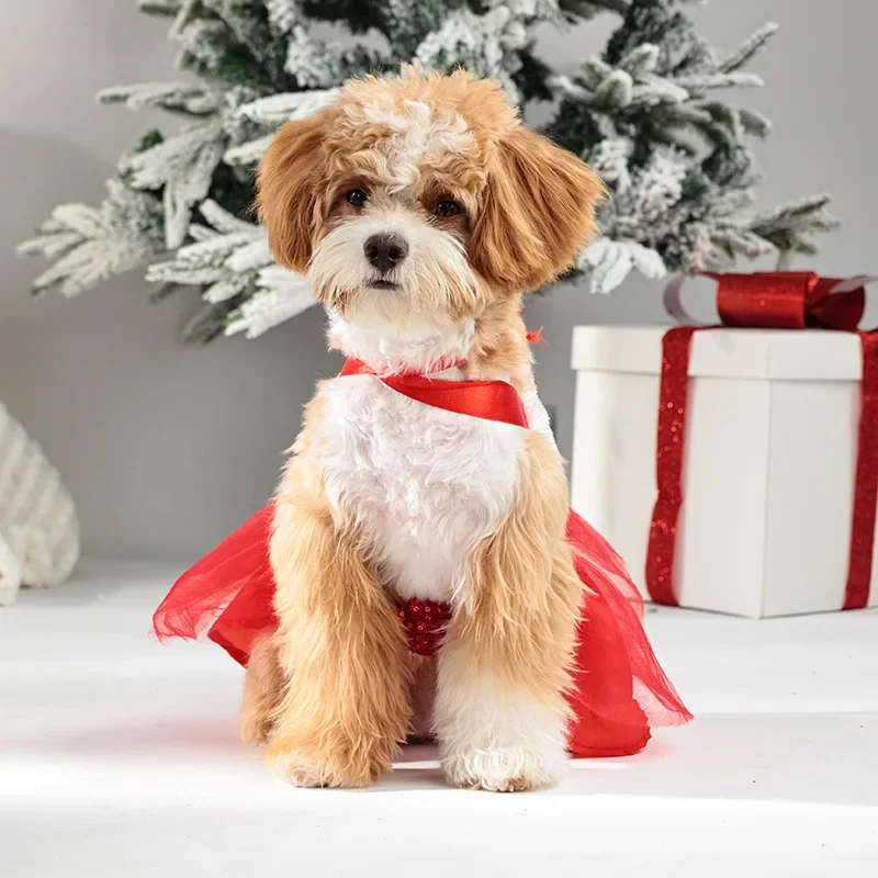 Vestido para perro con tutú de lentejuelas navideñas con diseño de lazo y cinturón, falda halter de terciopelo rojo, traje navideño para mascotas para perros pequeños/medianos,