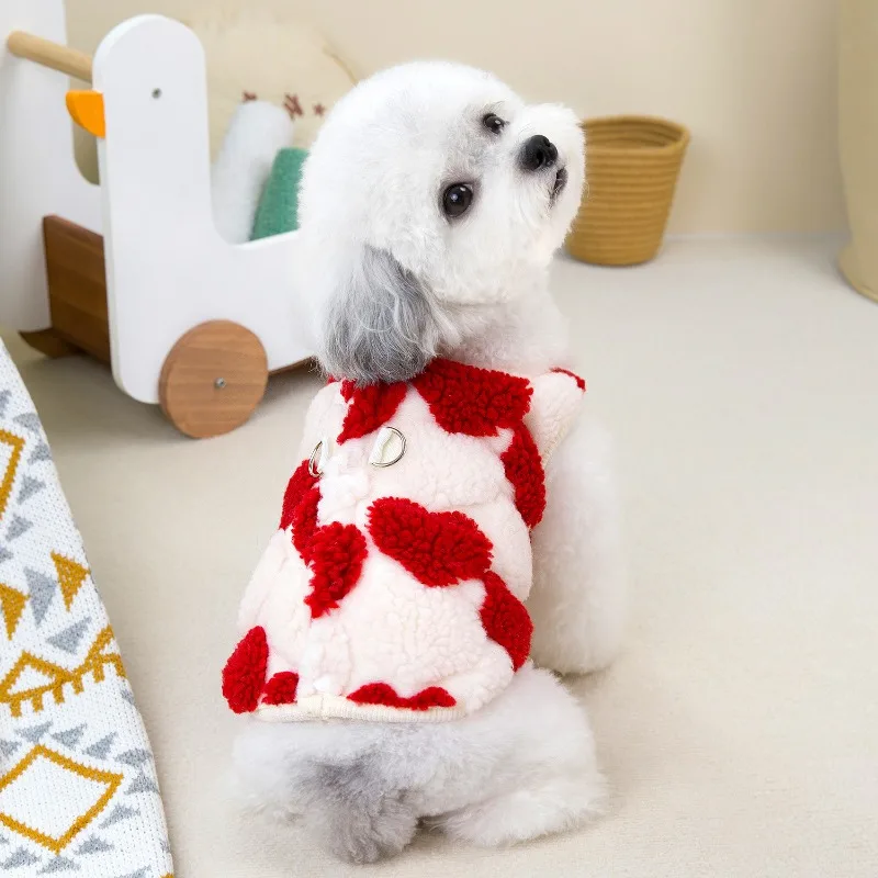 Ropa gruesa sin mangas para perros, chaqueta de invierno, ropa cálida de lana rosa y roja con corazón para mascotas, chaleco para perros pequeños, chaqueta, trajes, abrigo para cachorros - imagen 5
