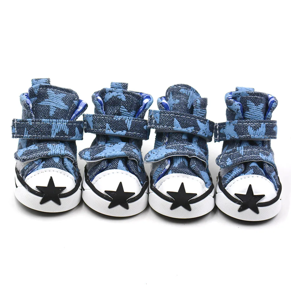 Zapatos de mezclilla transpirables con doble palo mágico para mascotas, zapatos antideslizantes para cachorros, patrón de estrellas, 4 piezas por juego
