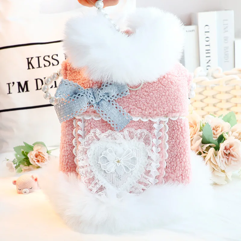 Vestido de princesa para mascotas de otoño e invierno con cuello de piel de corazón, ropa suave y cálida para exteriores para perros y gatos para perros pequeños