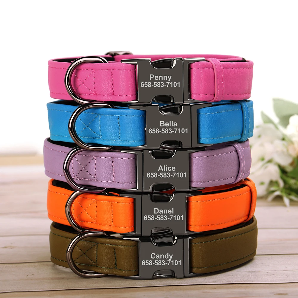 Collar de perro personalizado, collares de cuero PU personalizados para perro, Collar ajustable con etiqueta de nombre de identificación de mascota para perros pequeños y medianos, Pug Perros S-L - imagen 4