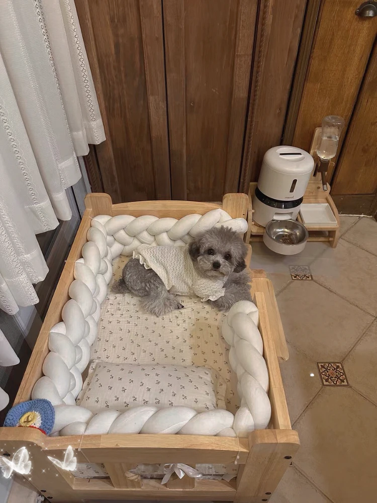 Cama de madera maciza para mascotas, marco de cama de madera para perros, muebles tipo perrera, productos para mascotas, soporte de cama, valla elevada, esquinas redondeadas para gatos y perros - imagen 4