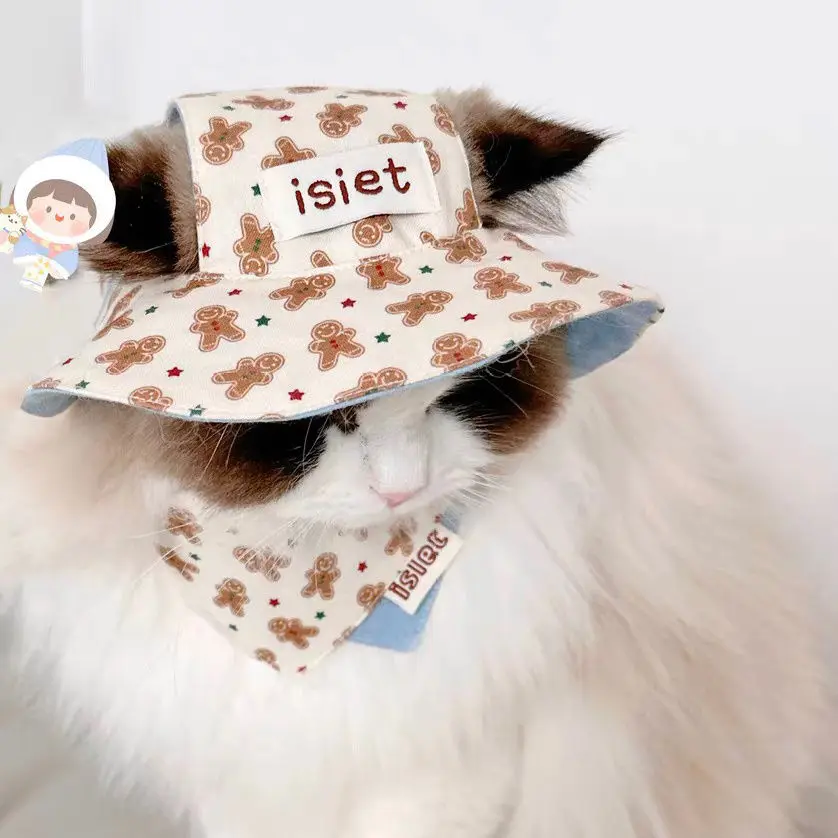 Man Print Triangle Scarf & Hat Set For Small Dogs And Cats Blue White Kawaii Pet Clothes, Adjustable Spring Summer Outfit - imagen 3