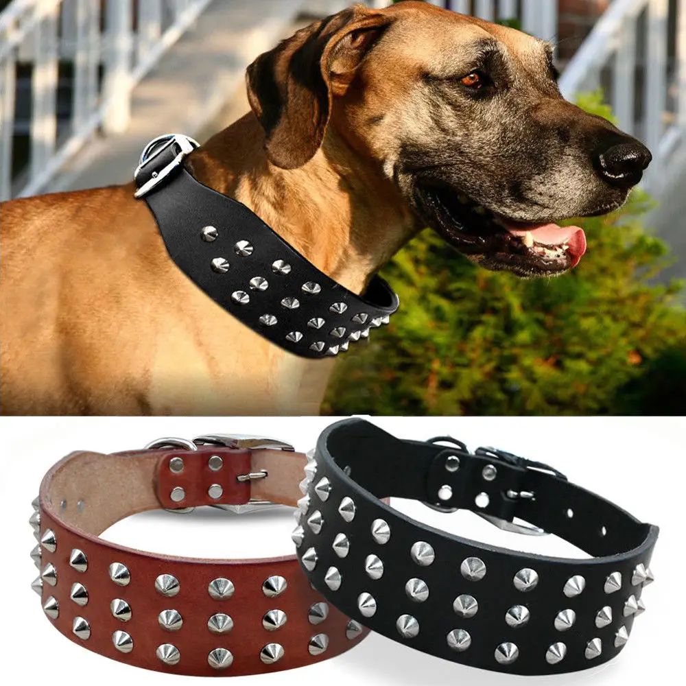 Collar de perro de cuero genuino para perros grandes, remaches geniales, Collar de mascota con pinchos y tachuelas para Pitbull Mastiff Boxer XS S M L negro marrón