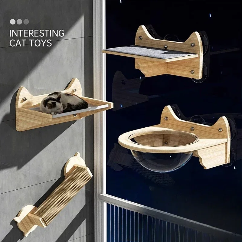 Marco de escalada para gatos con succión de pared, plataforma de pared, ventana, cápsula de vidrio, cesta para nido de gato, cama Xyloid, rascadores para mascotas, productos, muebles