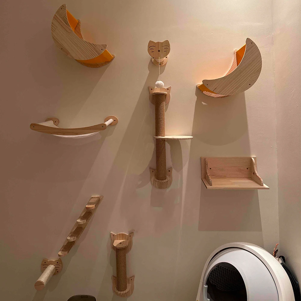 Muebles de pared para gatos, estante de escalada para gatos, escalera de madera maciza con hamaca o poste rascador para gatitos, perca y juego - imagen 4