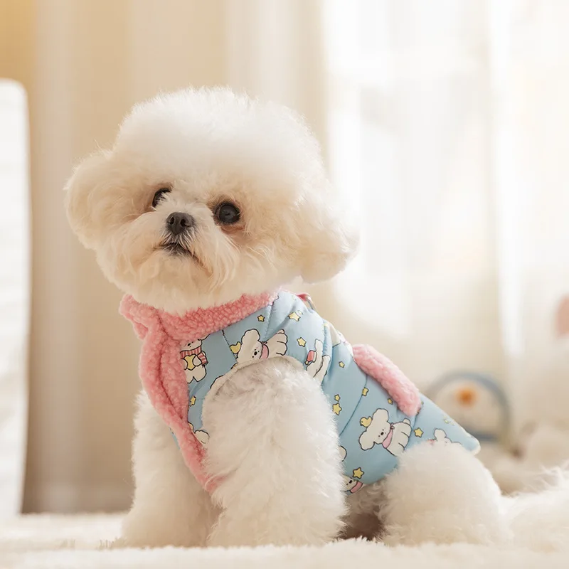 Abrigo con cuello de felpa para mascotas, camiseta sin mangas con cuello alto y dos patas estampadas para perros, ropa para cachorros, ropa para perros pequeños, Otoño/Invierno - imagen 3