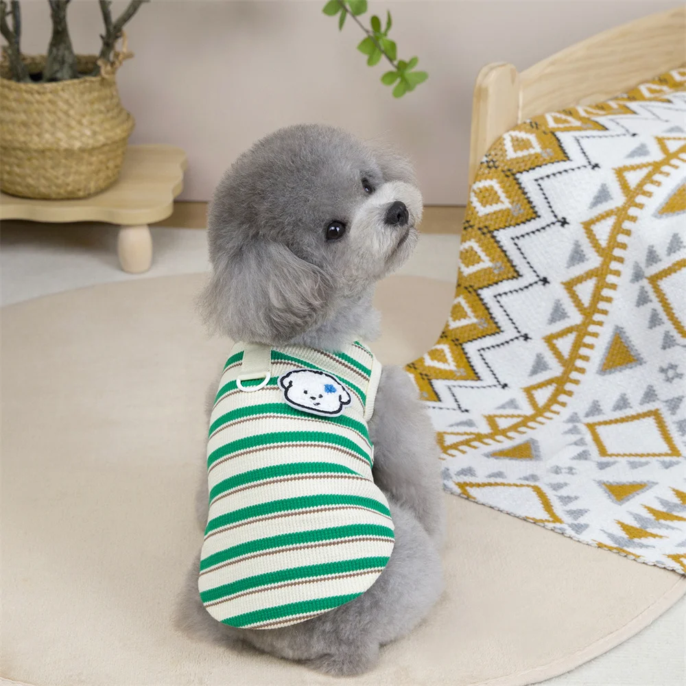 Chaleco clásico a rayas para perros y gatos con anillo de tracción, ropa estampada con cabeza de perro, ropa de verano para mascotas para perros pequeños, gatos, cachorros, caniche, Pomerania - imagen 4
