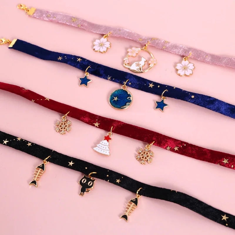 Collar ajustable de estrella bronceada de terciopelo para gatos, cachorros, espina de pescado/Sakura/Céu estrellado, suministros elegantes para mascotas, accesorios - imagen 5