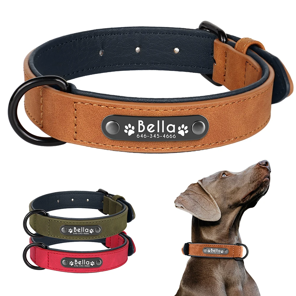 Collar de perro con nombre personalizado, collares de cuero PU para perros, Collar acolchado suave para cachorros, grabado gratis para perros pequeños y grandes, S-XL