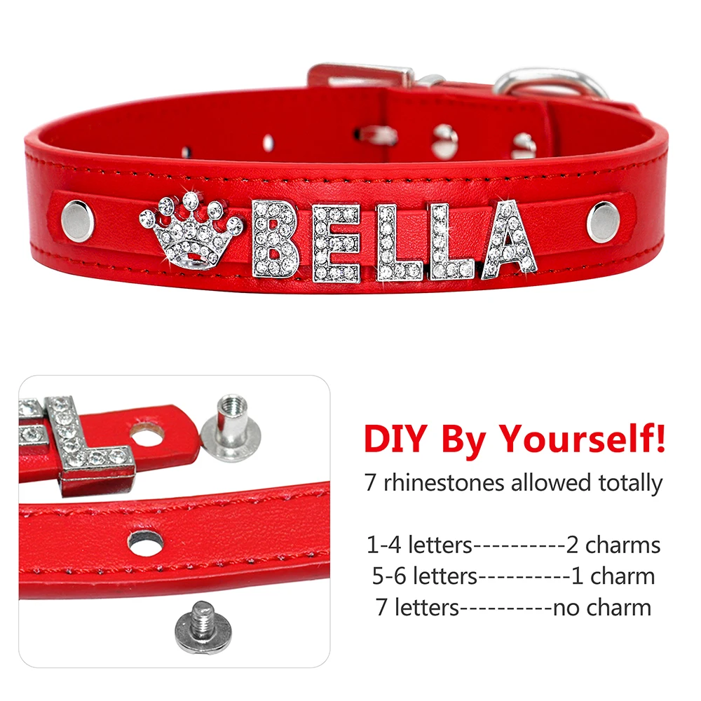 Collar de perro personalizado de cuero PU con diamantes de imitación ostentosos, collares para Chihuahua, collares de identificación de gato personalizados para perros pequeños, medianos y grandes - imagen 3
