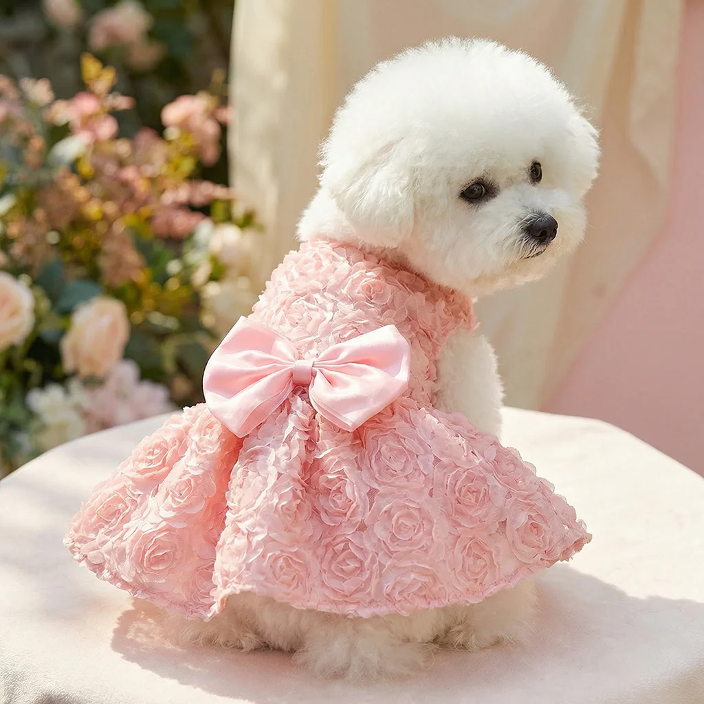 Vestido de princesa para perra – Lazo rosa y flores bordadas