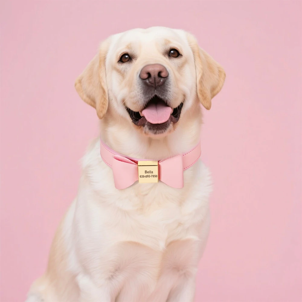 Collar de perro de cuero PU personalizado, collares para mascotas con lazo suave, 8 colores, nombre grabado gratis, Collar para cachorro y gato para perros pequeños, medianos y grandes - imagen 5