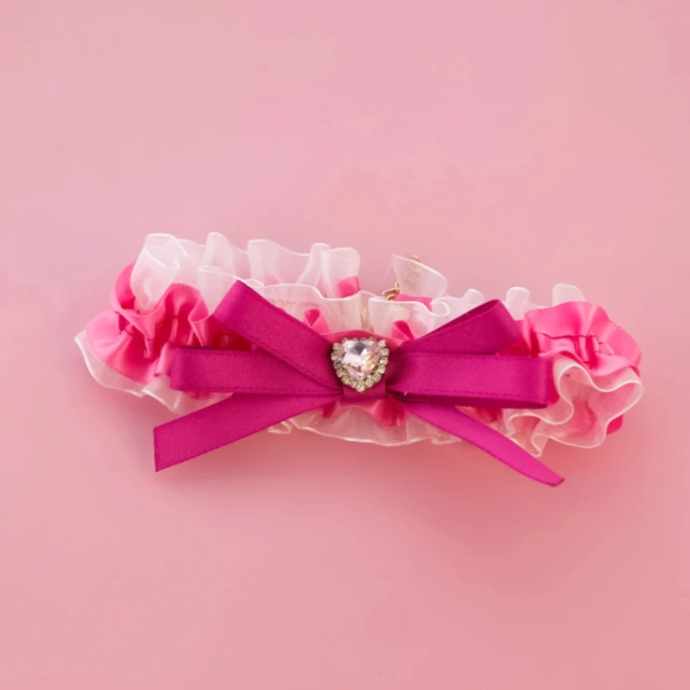 Collar de lujo para mascotas de encaje y diamantes de imitación con dije en forma de corazón, bonito diseño de lazo floral, ajustable para gatos y perros pequeños - imagen 5