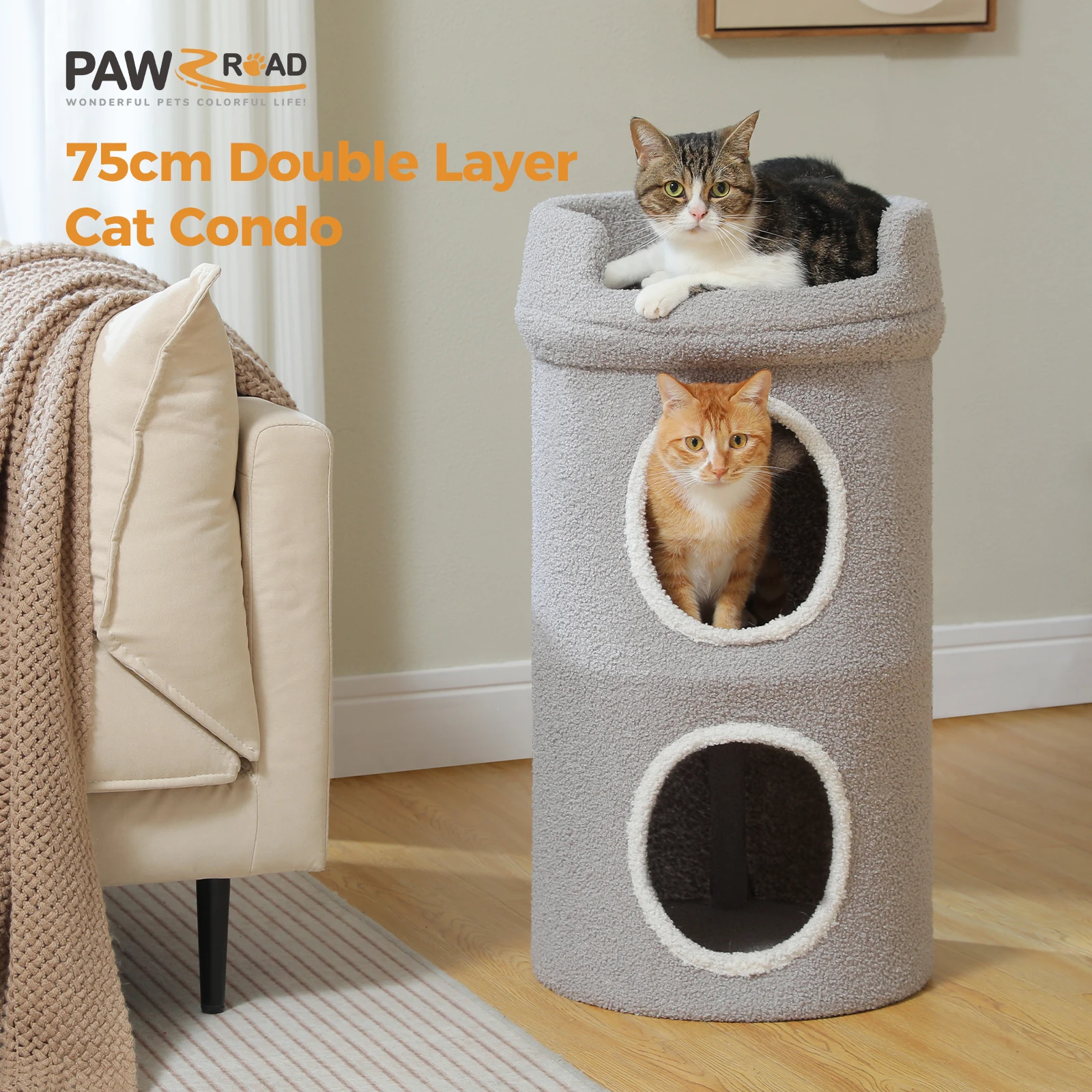 Condominio para gatos de dos pisos para casa de gatos de interior con pompones Cama grande para gatos con percha de flores suave Condominio acogedor y espacioso para gatos múltiples