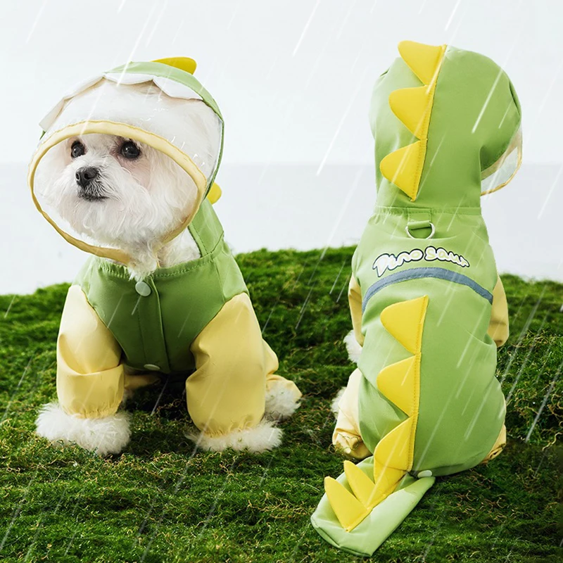 Lindo impermeable para perro de dinosaurio para Teddy y Bichon Frise, ropa impermeable para mascotas de 4 patas con capucha reflectante y agujero para correa