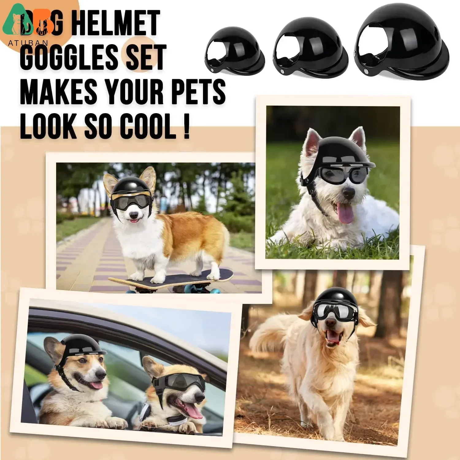ATUBAN Casco y gafas para perros-Protección UV Gafas de sol para perros Gafas para perros Sombrero para mascotas Cascos de motocicleta Protección para cachorros - imagen 5