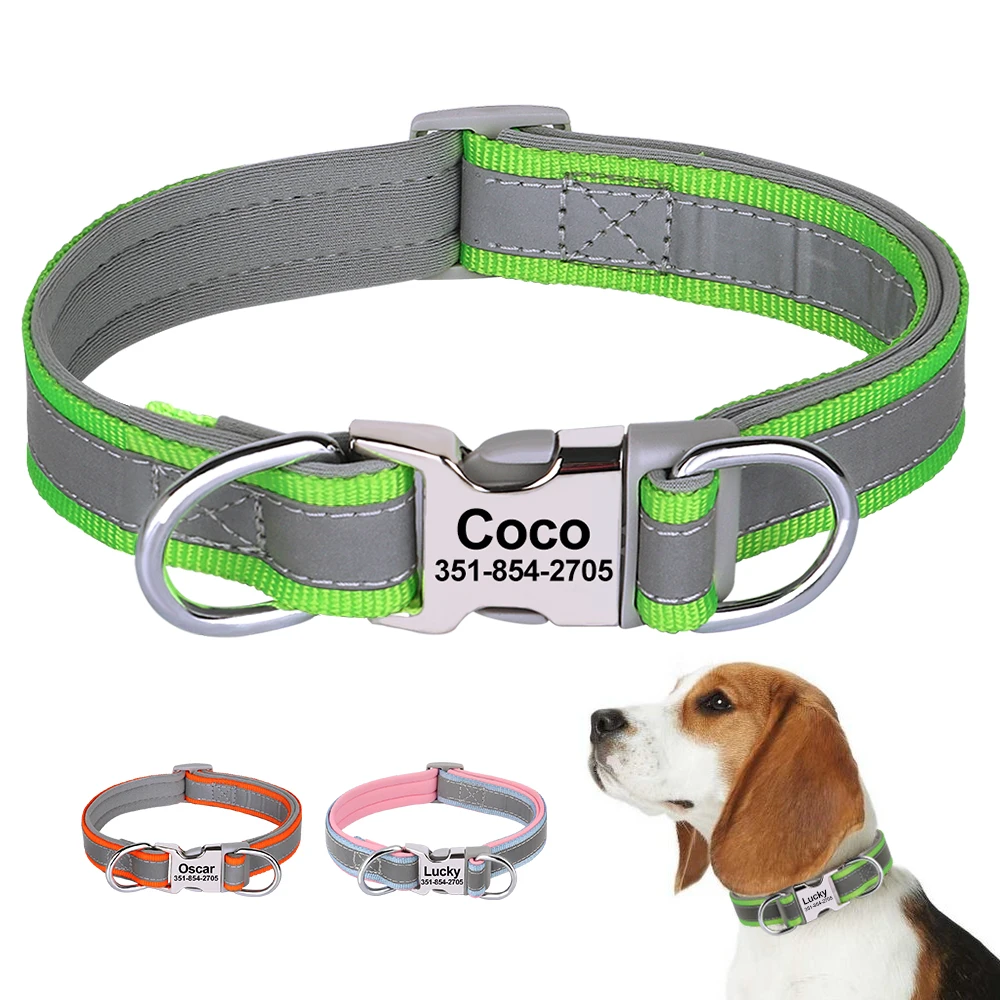 Collar perro personalizado reflectante suave identificación personalizados cachorro nailon duradero ajustable perros pequeños medianos grandes - Vista principal del collar