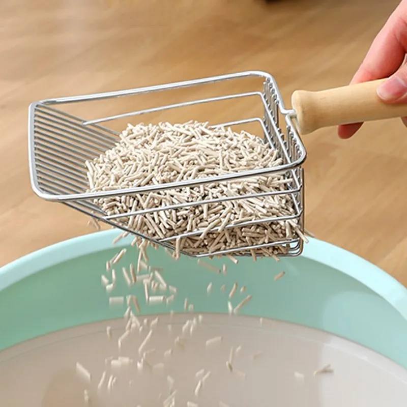 Pala de arena para gatos, pala de arena de Metal para limpieza de inodoro de gatos, palas de arena con mango de madera para gatos, palas de arena para gatos de acero inoxidable - imagen 3