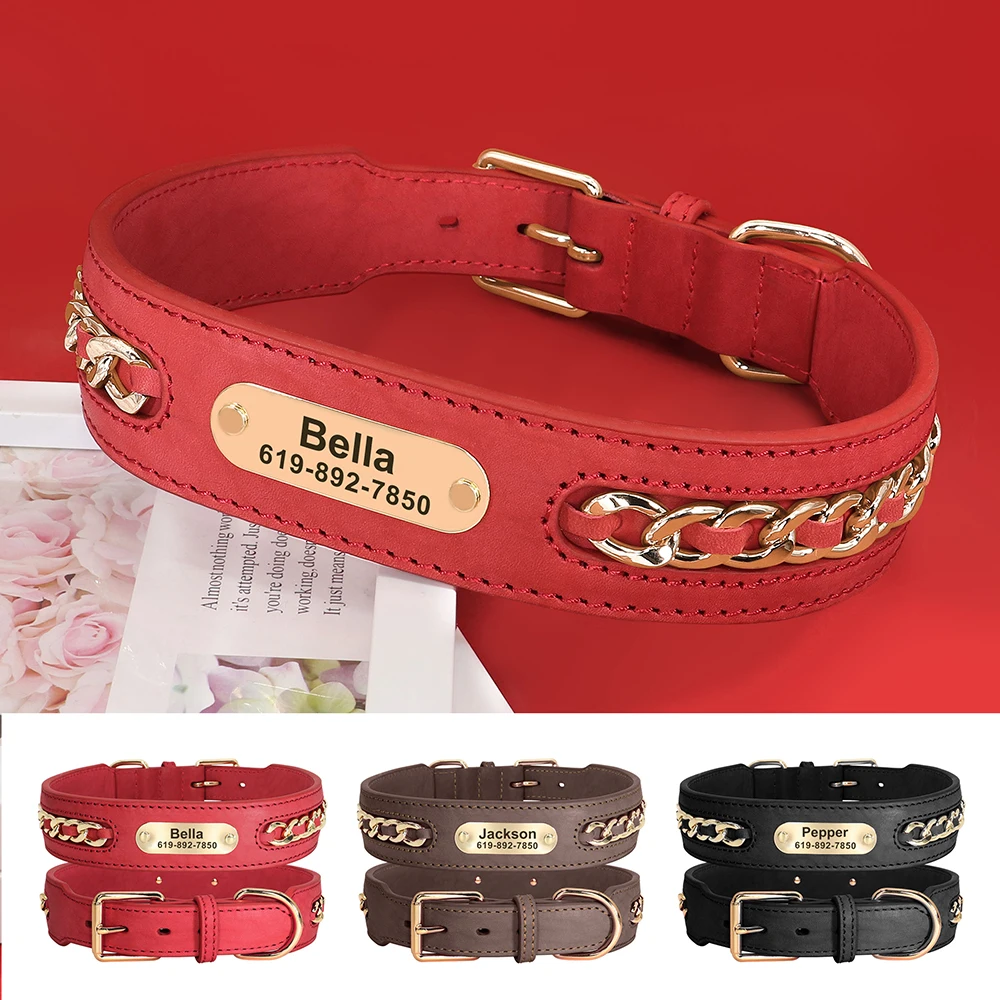 collar perro personalizado collares identificación perros cuero duradero etiqueta nombre antipérdida accesorios cadena perros pequeños medianos grandes