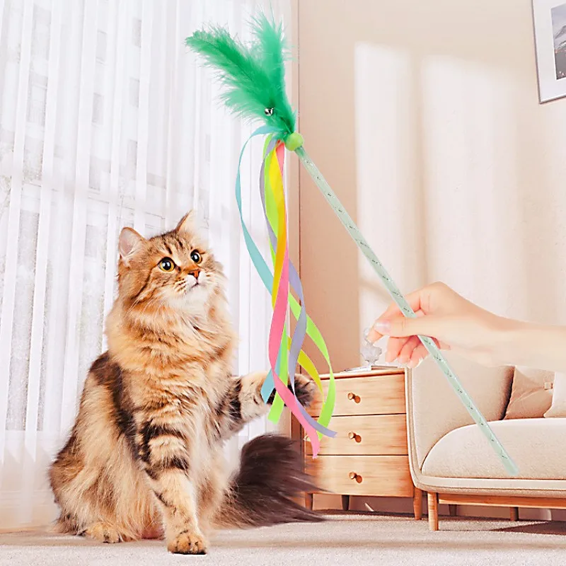 Juguetes interactivos de plumas para gatos, borla con campana, mango largo, suministros para mascotas - imagen 4