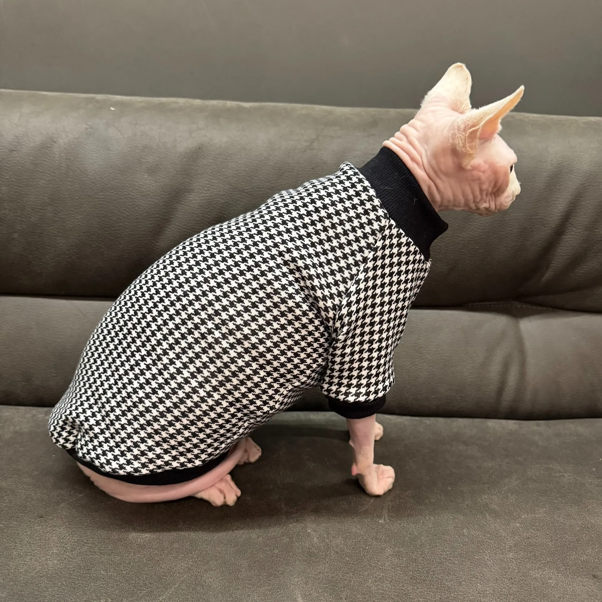 Abrigo de lana a cuadros negro para gato esfinge en invierno, sudadera cálida de otoño de manga corta suave para gatitos, ropa para Devon Rex - imagen 2