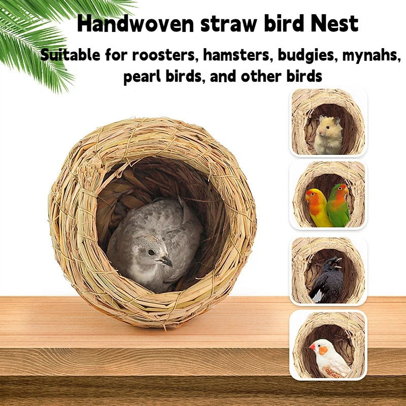 Nido de pollo de paja tejido a mano, jaula para pájaros, nido para incubar codorniz, se puede colgar para paisajismo, calor, casa de pájaros, nido para loros