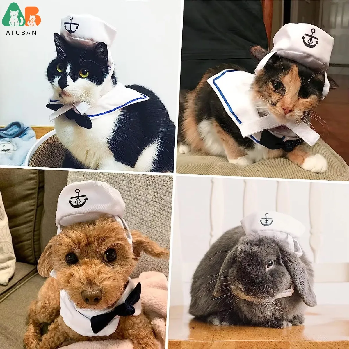 ATUBAN Disfraz de marinero para mascotas para gatos, perros pequeños, sombrero de marinero para gatos de Halloween con cuello de corbata, traje azul marino para cachorros, ropa de Cosplay - imagen 5