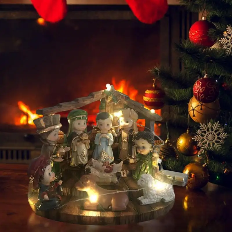 Juegos de Natividad de resina de Navidad, figuritas de escena de nacimiento de Jesús, Kit de estatuas, 10 piezas con cadena estable y ligera, decoraciones navideñas - imagen 4