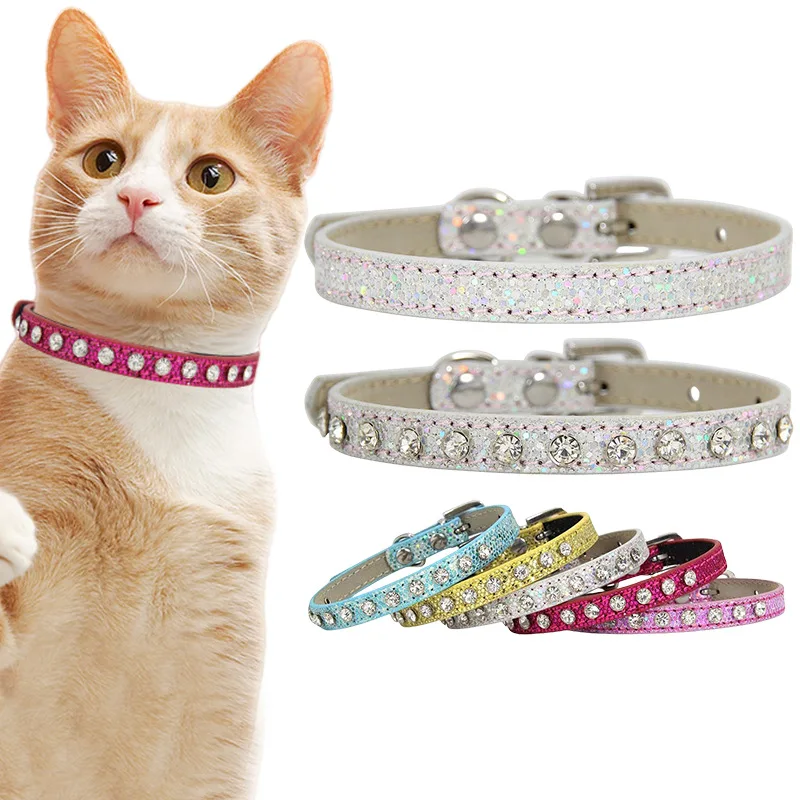 Collar para mascotas con diamantes de imitación y correa de cuero, Collar brillante ajustable para gatito, cachorro, Chihuahua, correa para el cuello, accesorios para mascotas - imagen 4