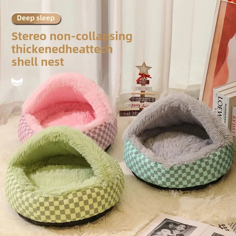 Nido de concha de felpa, nido de mascota rodeado semicerrado cálido de invierno, nido de gato cálido, nido de perro redondo - imagen 3