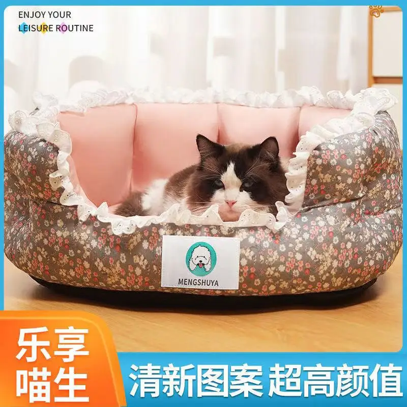 Nido de gato de encaje estampado Universal para las cuatro estaciones, perrera semicerrada, suministros para mascotas, verano, otoño e invierno - imagen 3