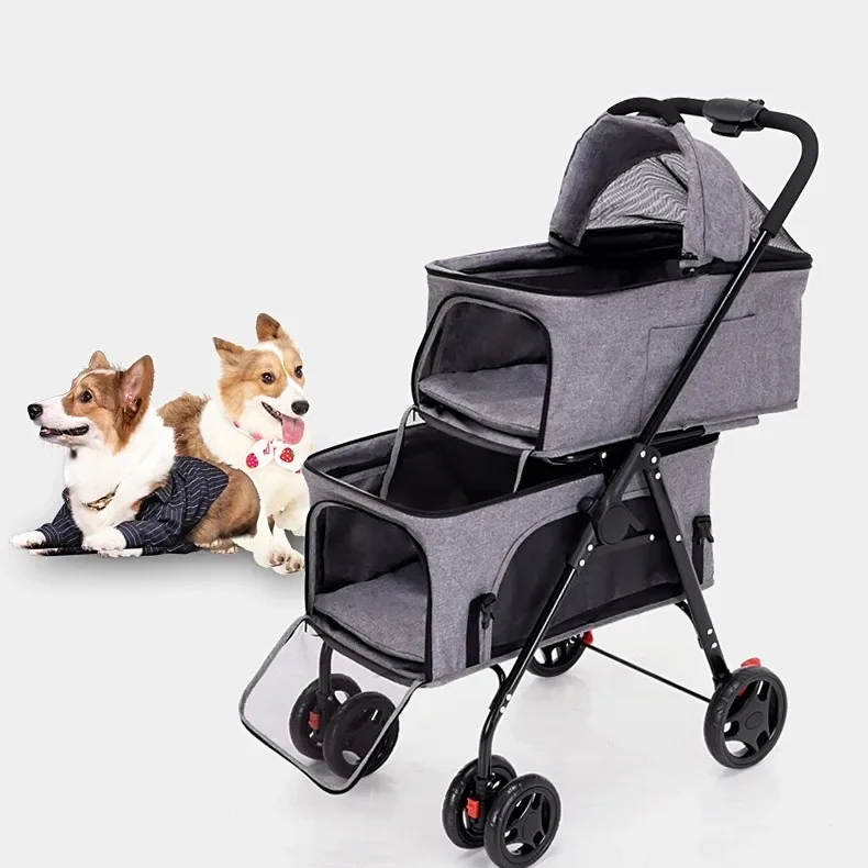 Cochecito para mascotas con cuatro ruedas, ligero, plegable y desmontable, suministros para perros de salida para mascotas de doble capa - imagen 2