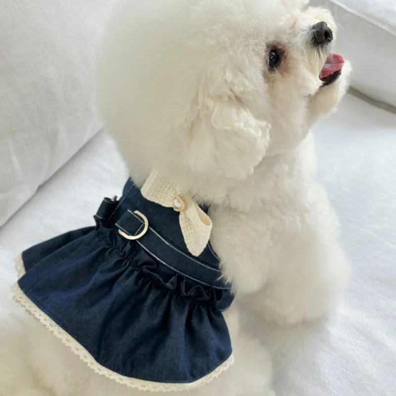 Chaleco vaquero para gatos de primavera para mascotas, vestido con lazo bonito para caminar en el pecho y la espalda, ropa para cachorros, ropa para perros pequeños - imagen 2
