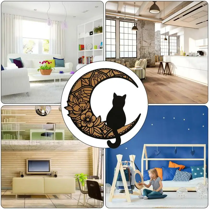 Arte de pared de gato negro, decoración montada en la pared, colgante de madera de gato negro, decoraciones interiores para comedor, habitación de niños, sala de estar - imagen 5