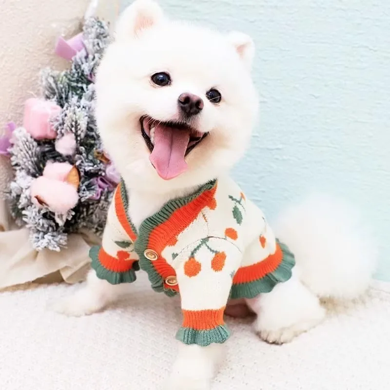 Ropa cálida de cereza para perros, suéter de Pomerania, caniche, punto de flores, Schnauzer, ropa de invierno para perros pequeños, ropa informal de dos patas - imagen 2