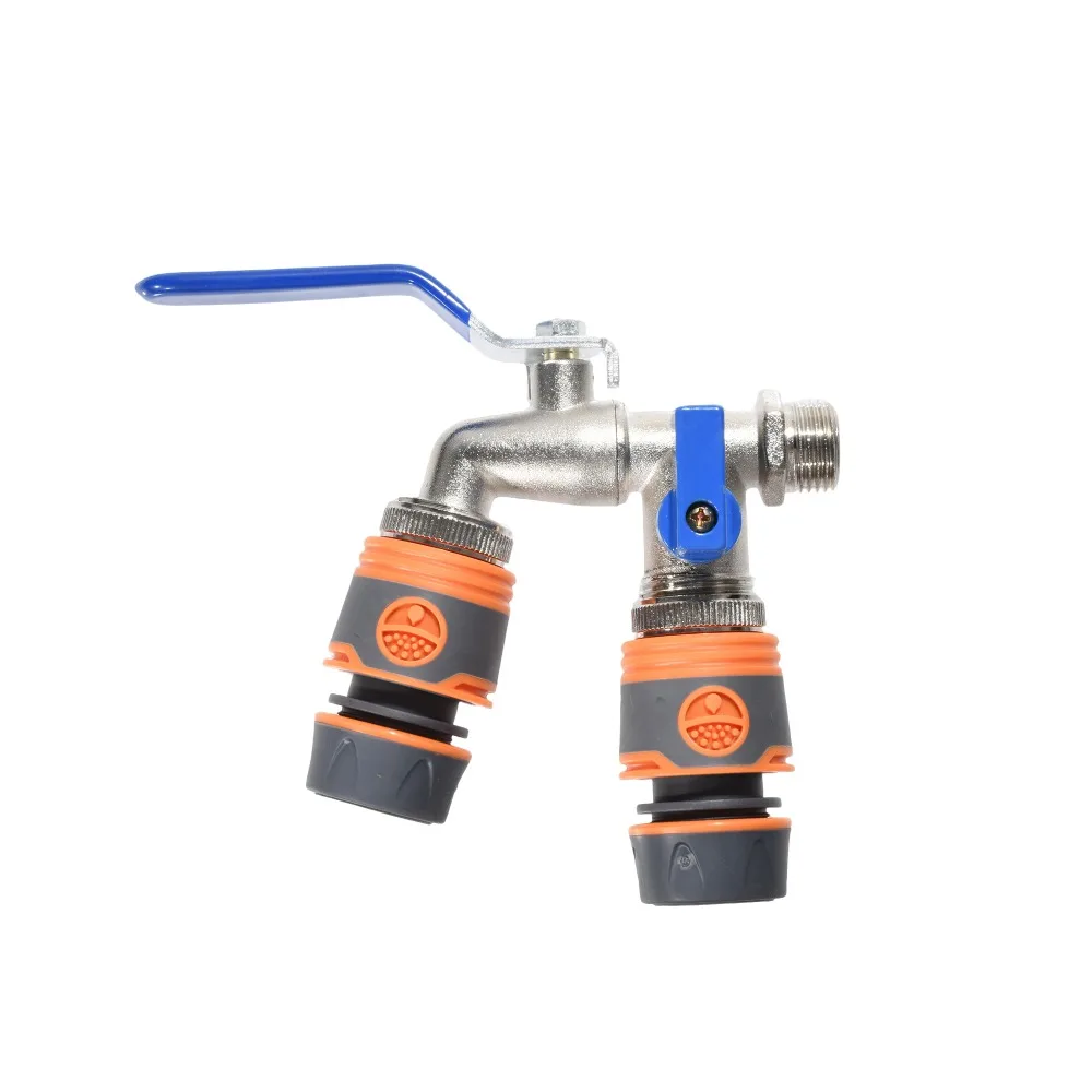 Juego de grifería de jardín de doble salida, grifo exterior de acero inoxidable 304 con mango rojo, rosca Universal para herramientas de riego, 3 uds. - imagen 5