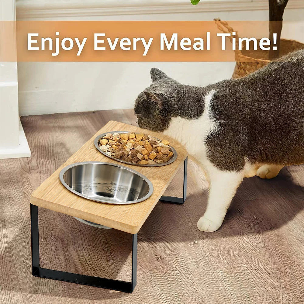 Cuenco para gatos pintado con tablero de bambú elevado 15 °   Soporte de inclinación, cuenco elevado antivómitos para gatos, 2 cuencos para gatos de acero inoxidable, cuenco para cachorros - imagen 2