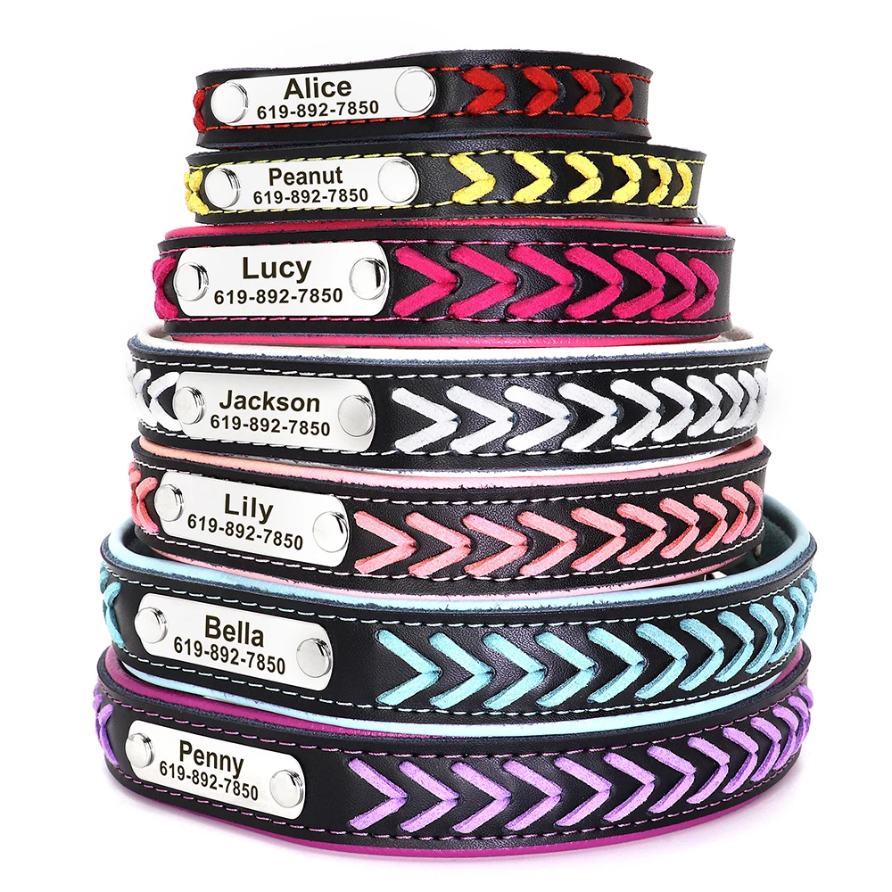 Collar de perro de cuero PU personalizado, collares trenzados personalizados para perros, Collar acolchado para mascotas, grabado gratis para perros pequeños, medianos y grandes, Pug - imagen 2