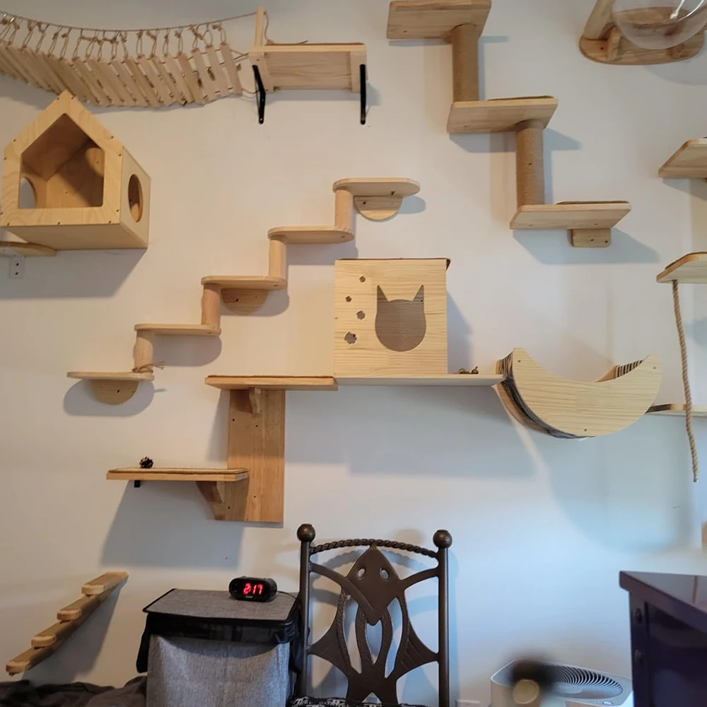 Hamaca de escalada para gatos montada en la pared, Sisal de madera maciza, escalera de escalada para gatos, plataforma de poste de agarre, muebles para mascotas de interior - imagen 4