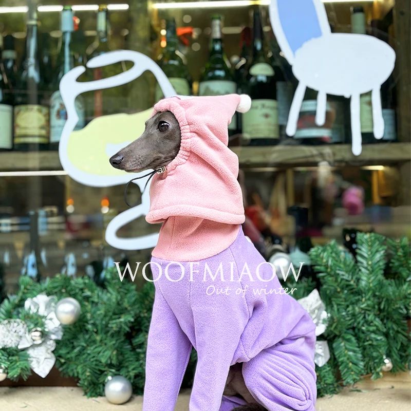 Mono de lujo de invierno de 4 patas púrpura y rosa con sombrero para disfraz de moda de galgo para Wellington, ropa gruesa y cálida para perros - imagen 2