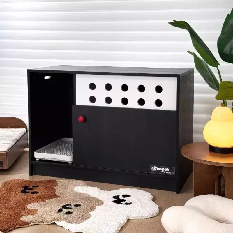 Gabinete de inodoro para gatos, cerrado, a prueba de fugas de arena, viento nórdico, madera maciza negra, diseño de lujo, caja de arena para gatos, gabinete para limpieza de mascotas - imagen 3